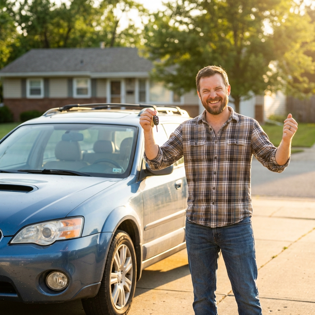 Happy customer with their car after saving money